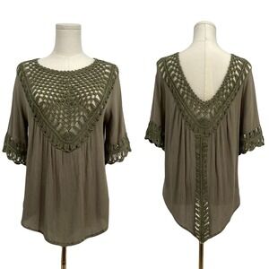 Olive Green Boho Crochet Front Back Top Forest Fairy Sheer Festival Layering